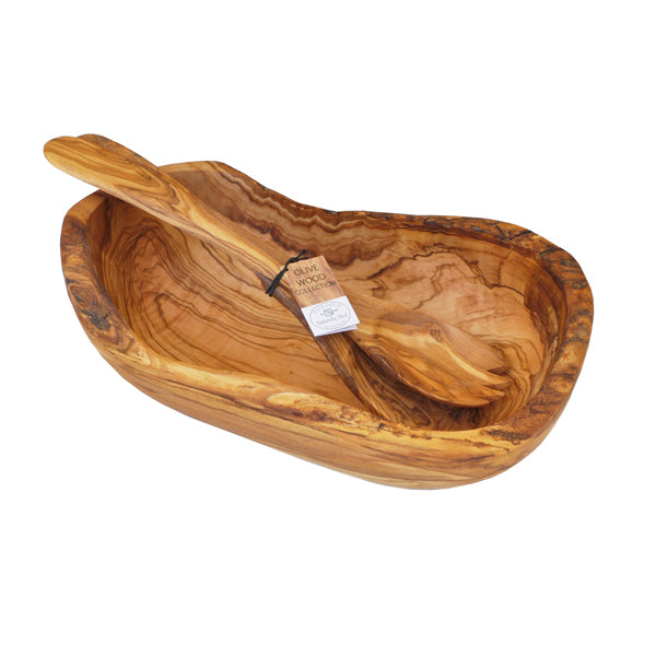 Olive wood salad bowl with servers